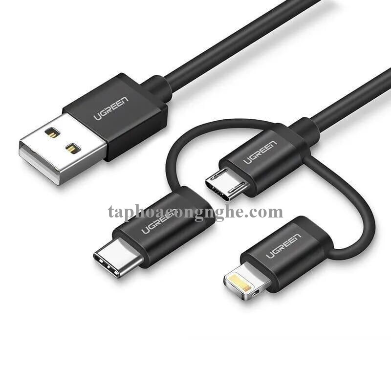 Ugreen 50204 0.5M Màu Đen Cáp sạc đa năng USB sang TypeC + Micro + Lightning có Chip MFI US186 30050204